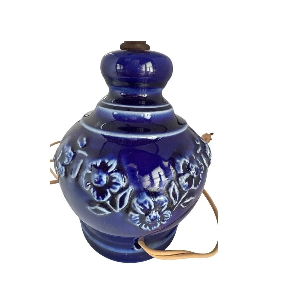 VNTG Cobalt Blue Embossed Floral Ceramic Table Lamp Retro MCM Hollywood Regency